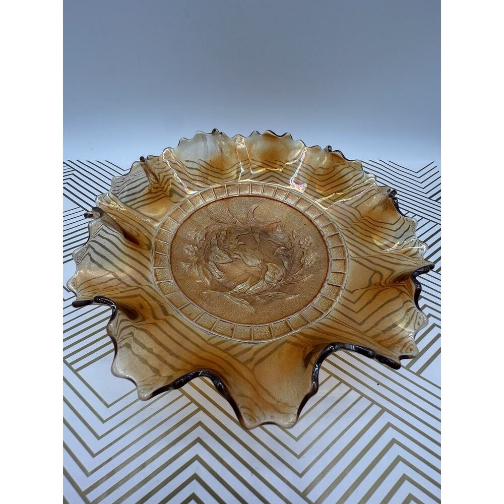 Vintage Dugan Marigold Carnival Glass Dish Wildfire Pattern Fall Decor